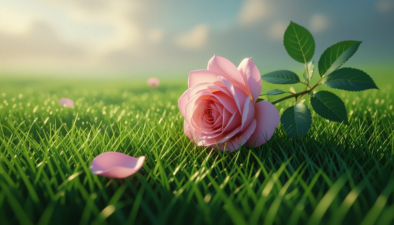 Rose Falling on Emerald Grass, Fantasy Matte Painting