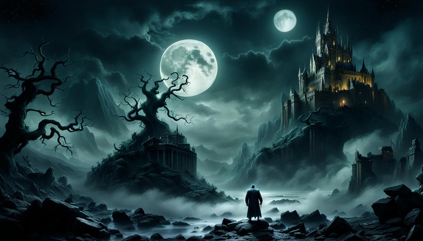 Furious Frankenstein in Surreal Fantasy Landscape