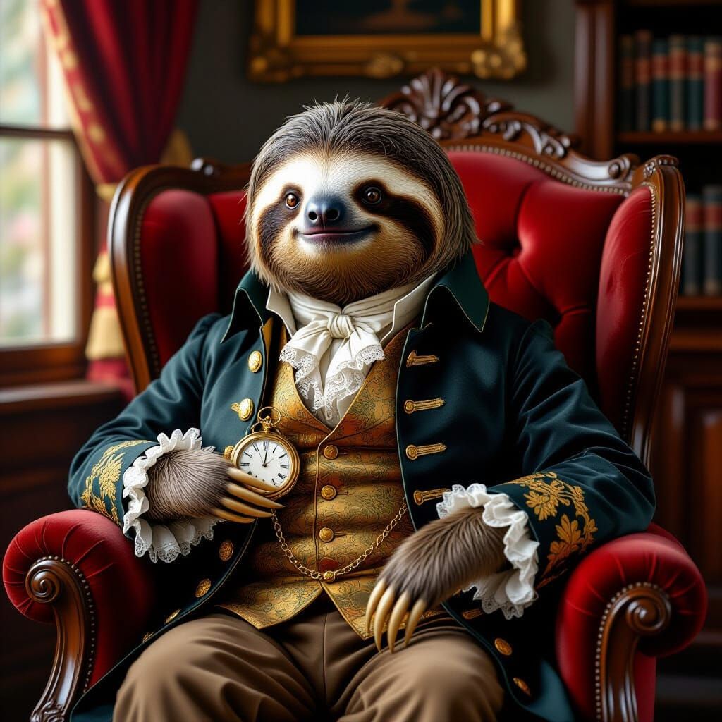 Sloth in 18th Century Attire on Velvet Armchair
