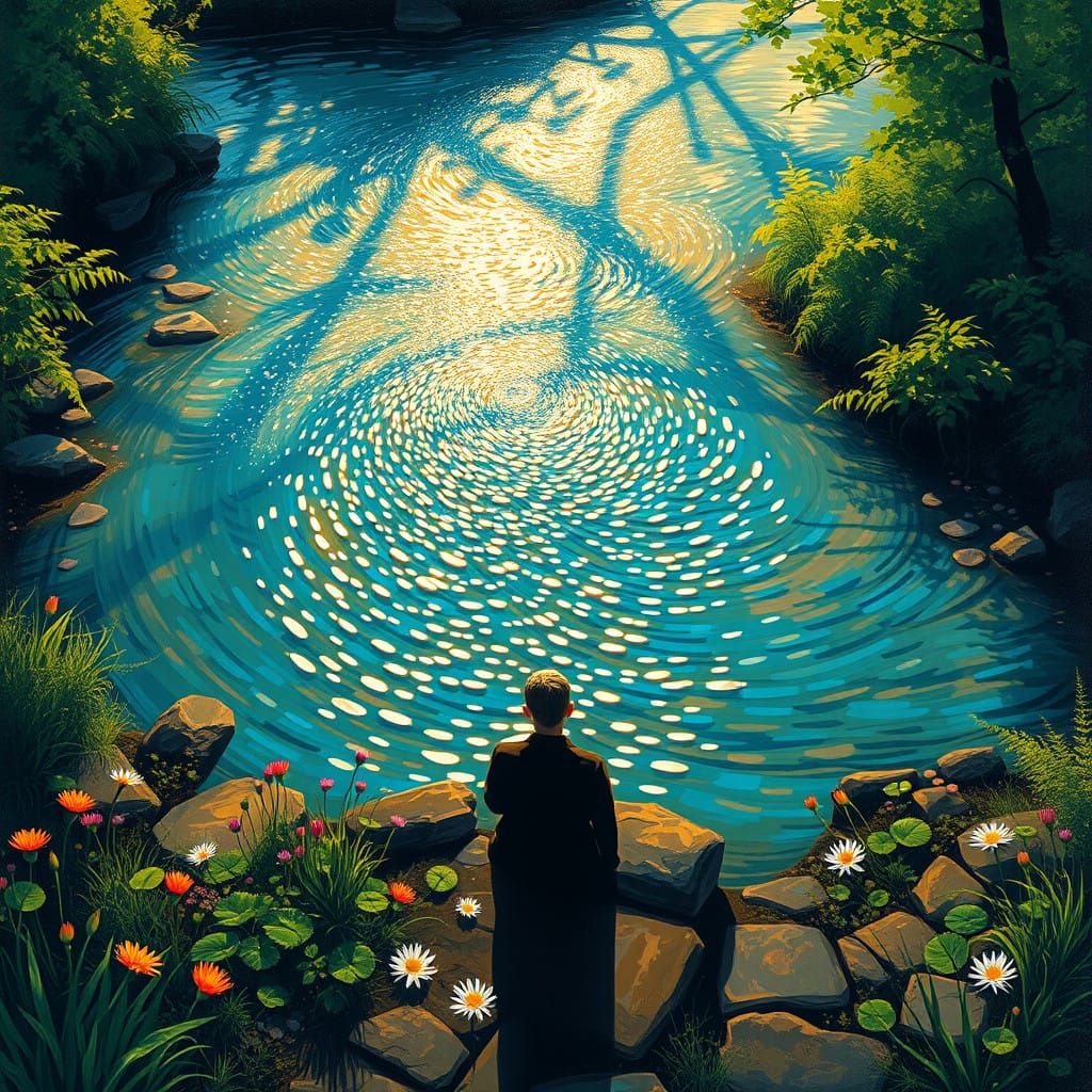 Contemplative Figure Beside a Serene Brook in Vibrant Colors