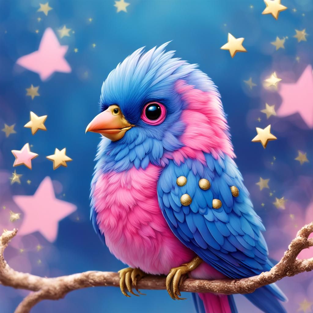 Adorable Blue and Pink Bird with Gold Stars