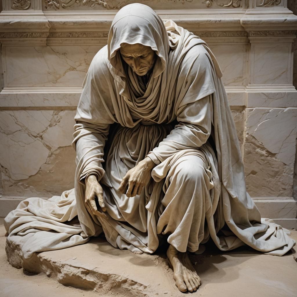 Veiled Marble Man Sculpture in Archaeological Dig