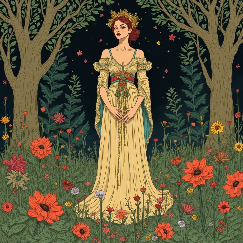 Elegant Woman in Mystical Forest, Inspired by Art Nouveau
