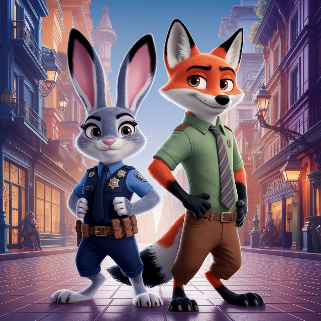 Determined Bunny and Sly Fox in Vibrant Zootopia Landscape