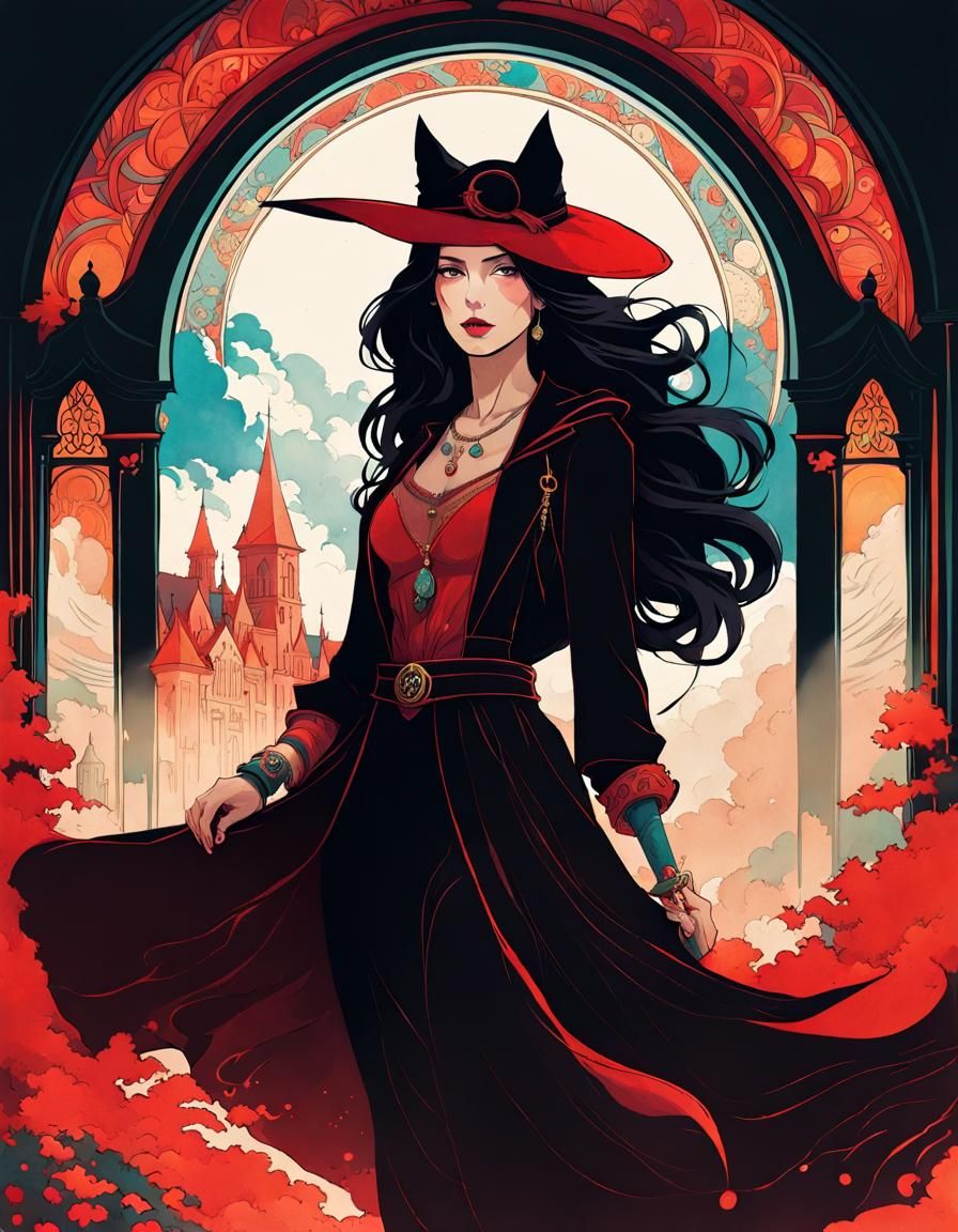 Vibrant Witch Portrait in Art Nouveau Style