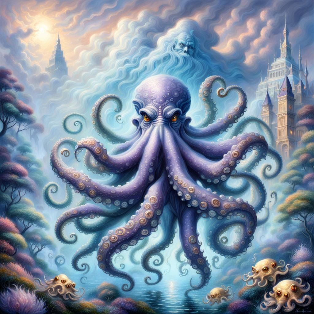 Four-Headed Brahma Octopus in Ethereal Fantasy Style