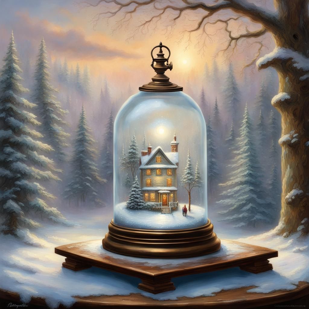 Snowy Landscape Under Glass Bell Jar: Ethereal Fantasy