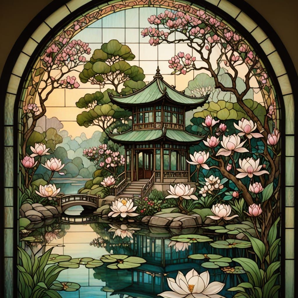 Whimsical Stained Glass Tea House Amidst Lush Magnolias