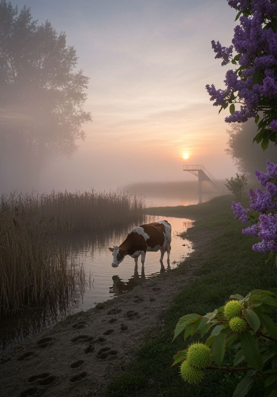Cows at Waterhole Double Exposure at Sunset