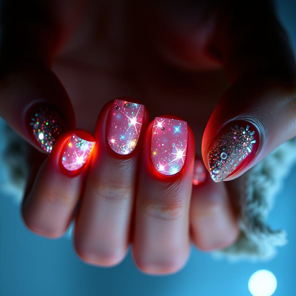 Glowing Christmas Nail Art in Hyper-Realistic Style