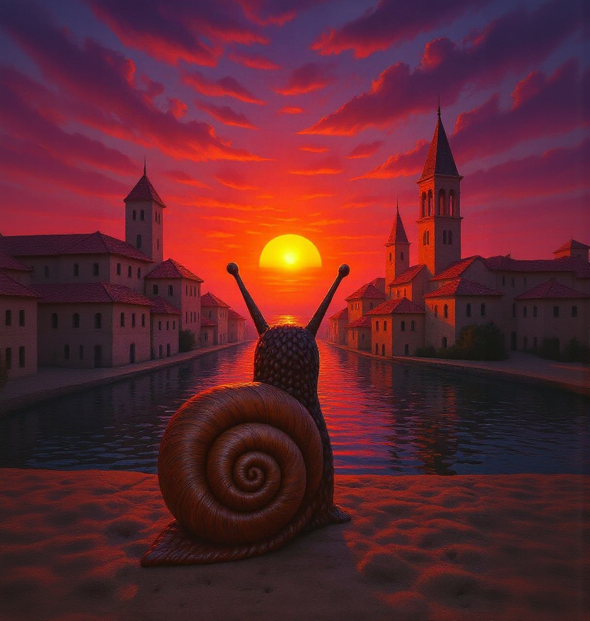 Hyperrealistic Snail at Sunset with Colorful Reflections
