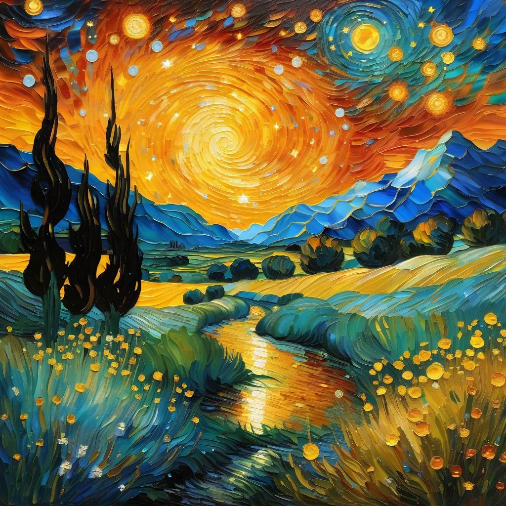 Mystical Sunset Merging with Constellations as Impasto Paint...