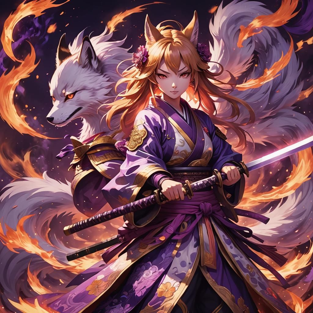 Intricate Anime Illustration of Samurai Kitsune Girl with Ep...
