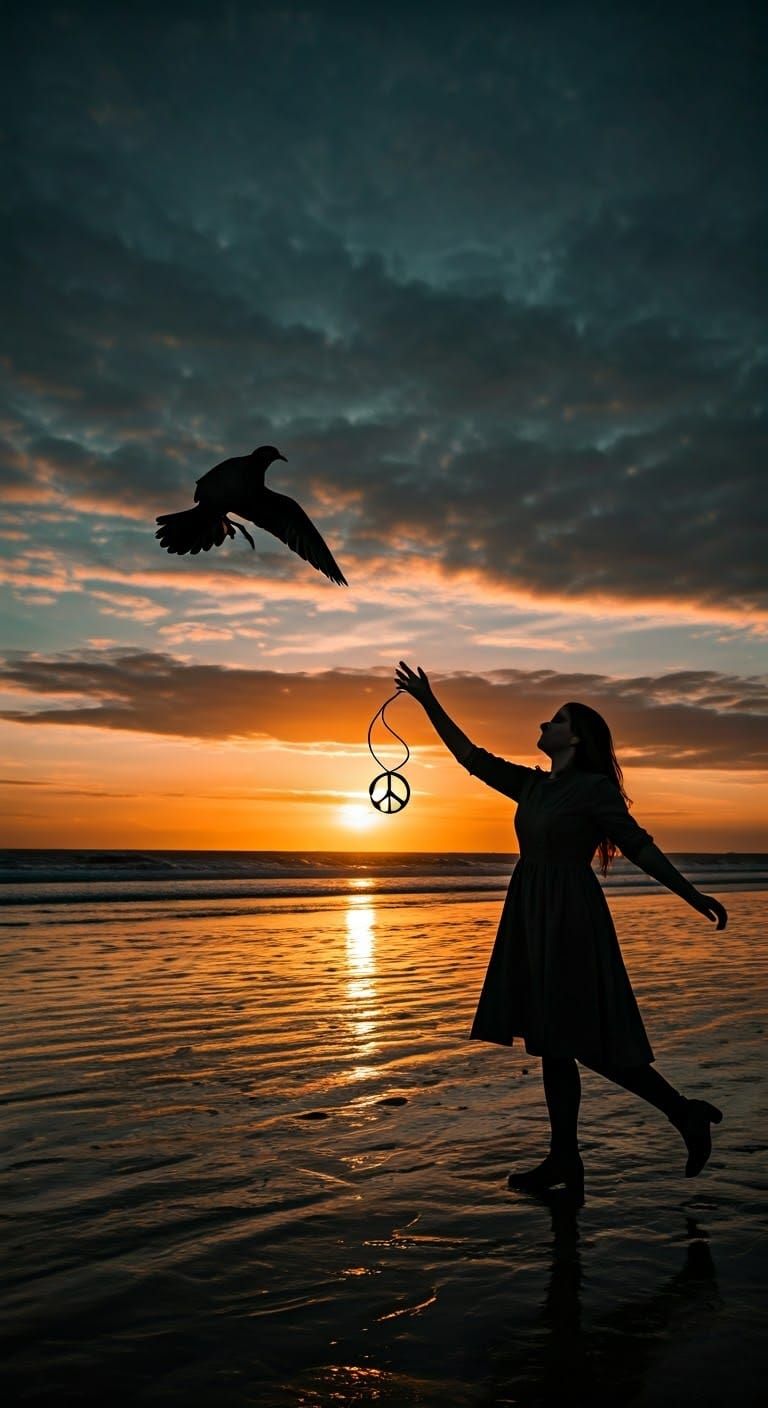 Bird Drops Peace Symbol at Sunset