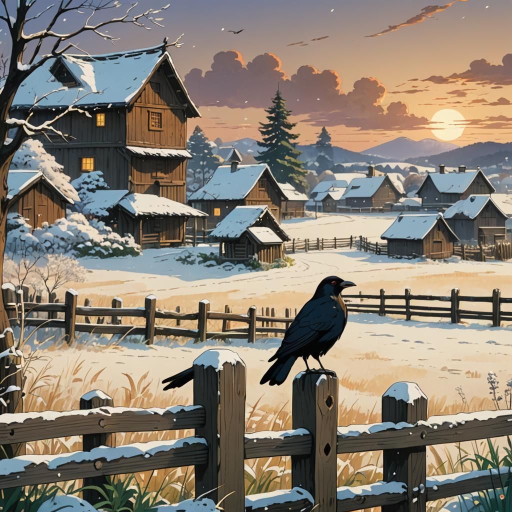 Crow in Snowy Farm: Studio Ghibli Anime Style