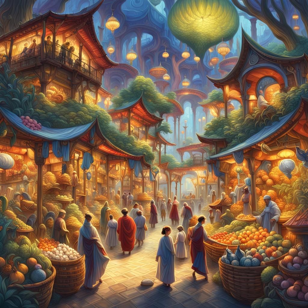 Vibrant Market Scene with Exotic Details, Stylized