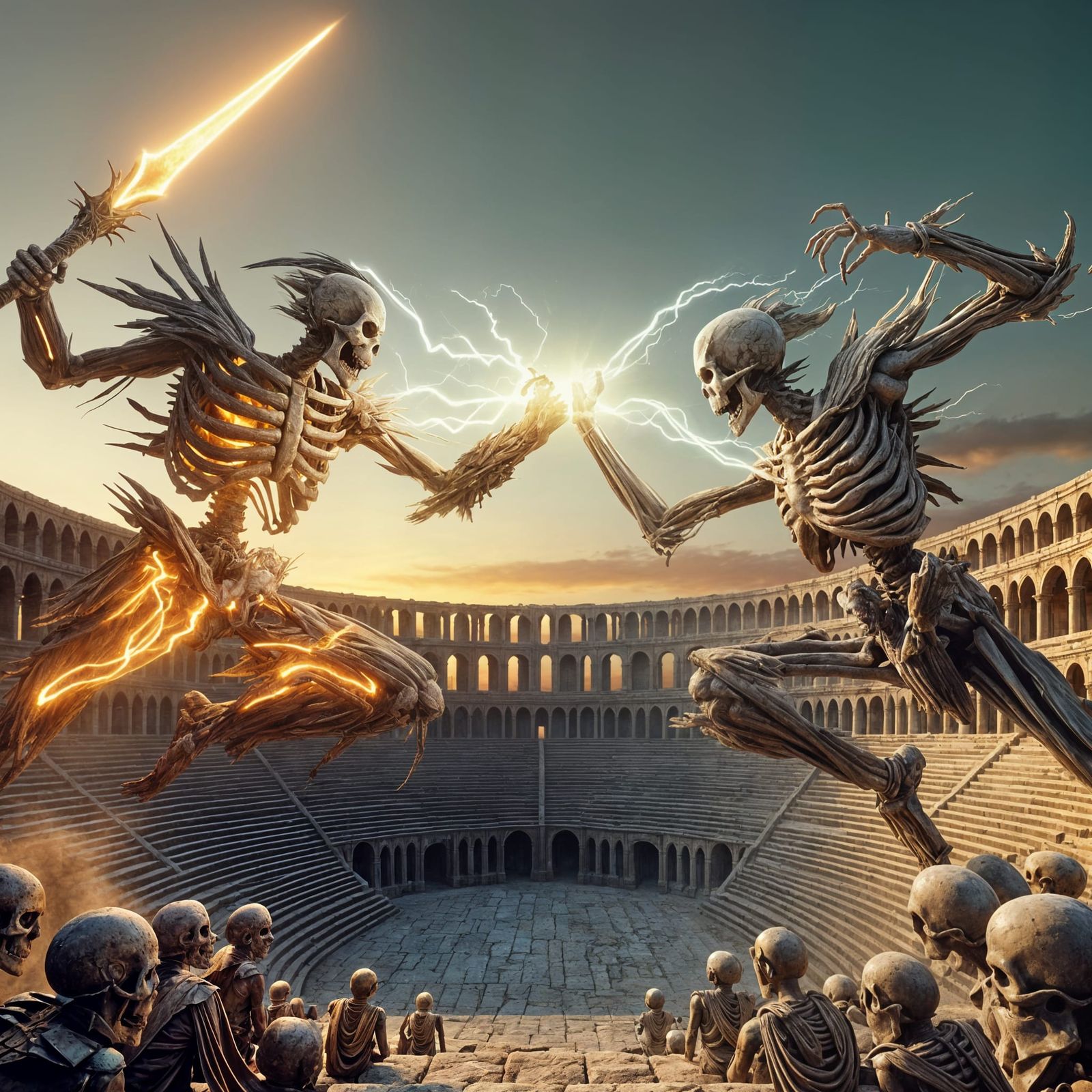 Skeletal Warriors Clash in Ancient Arena under Vibrant Sunse...