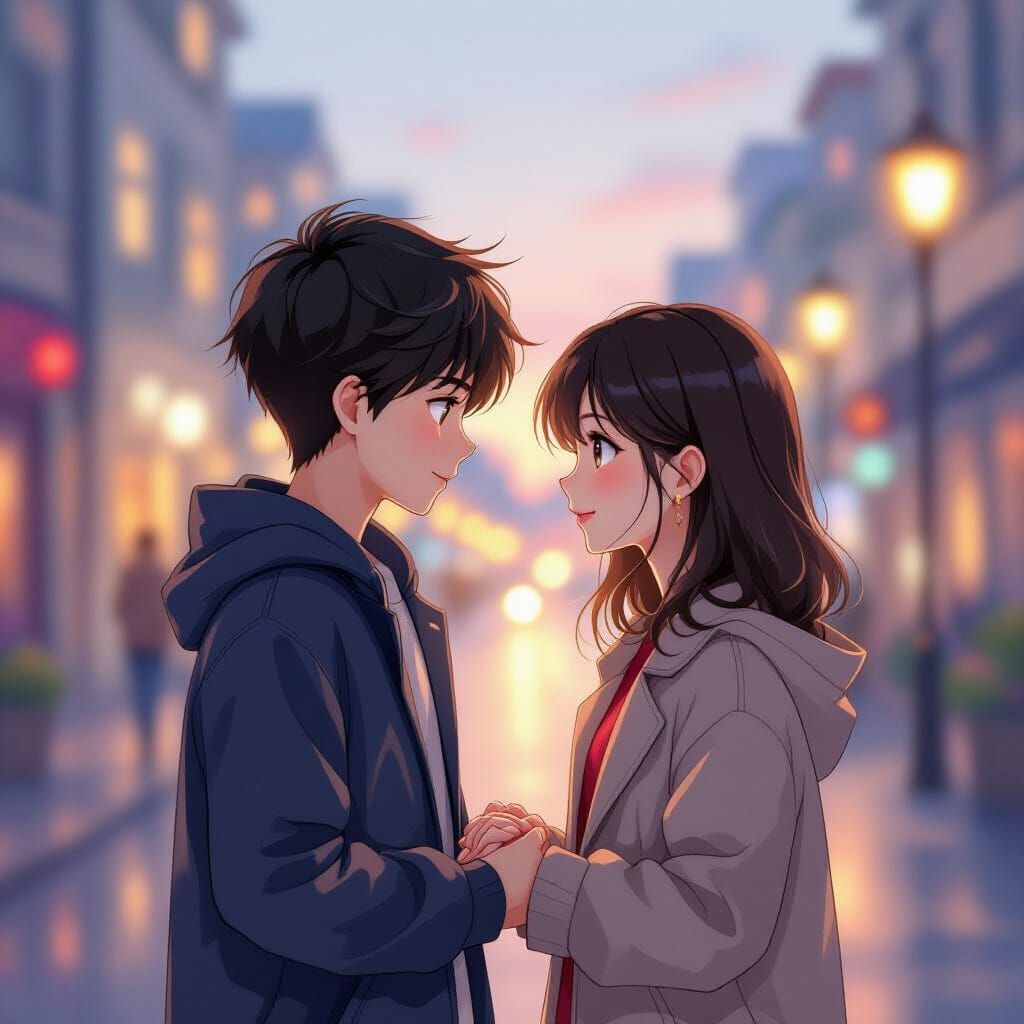 Romantic Manga Couple Holding Hands in Cityscape