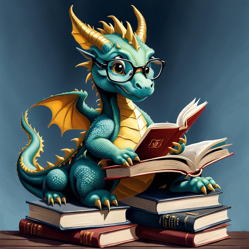 baby dragon wearing glasses, Side Profile, sat on a small pile of books, reading. gouache detailed painting