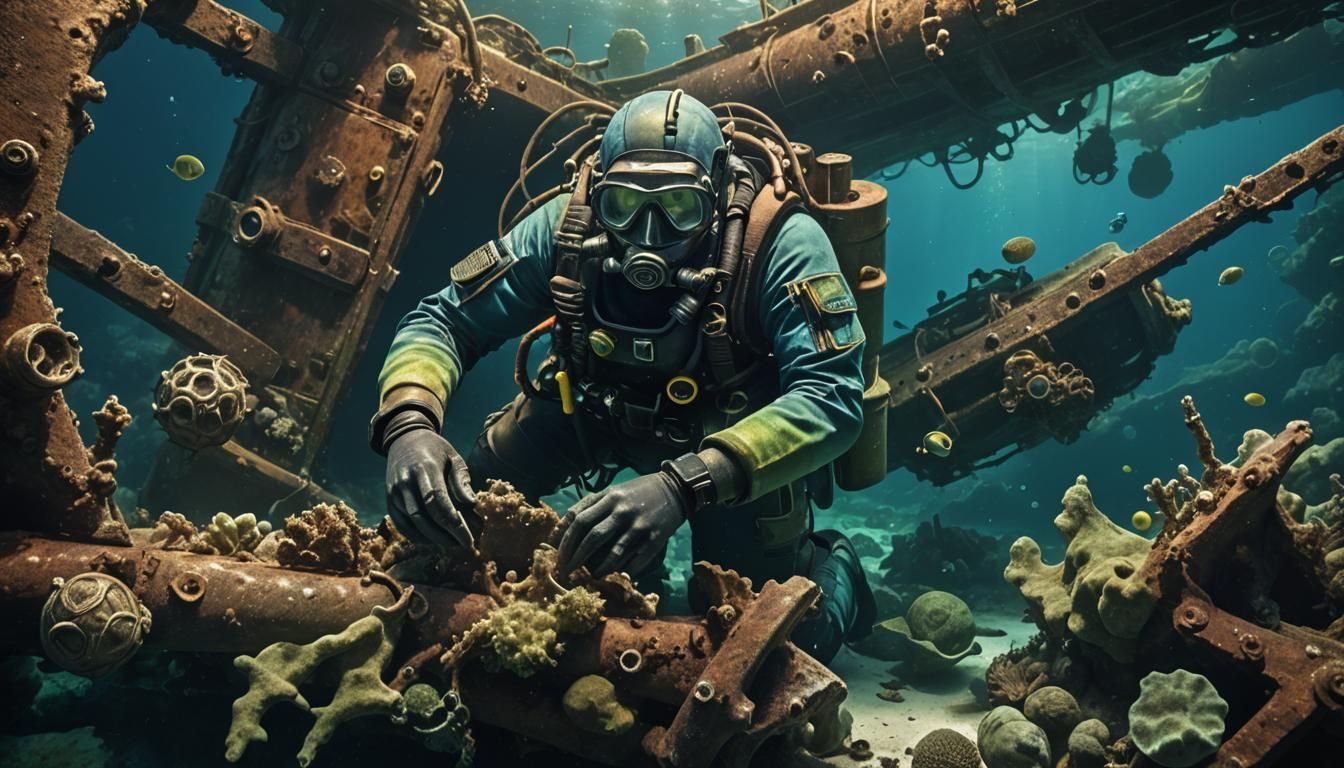 Scuba Diver Examines Sunken Shipwreck Concept Art