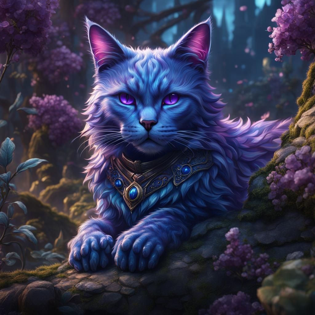Blue Cat with Purple Eyes: Fantasy Concept Art