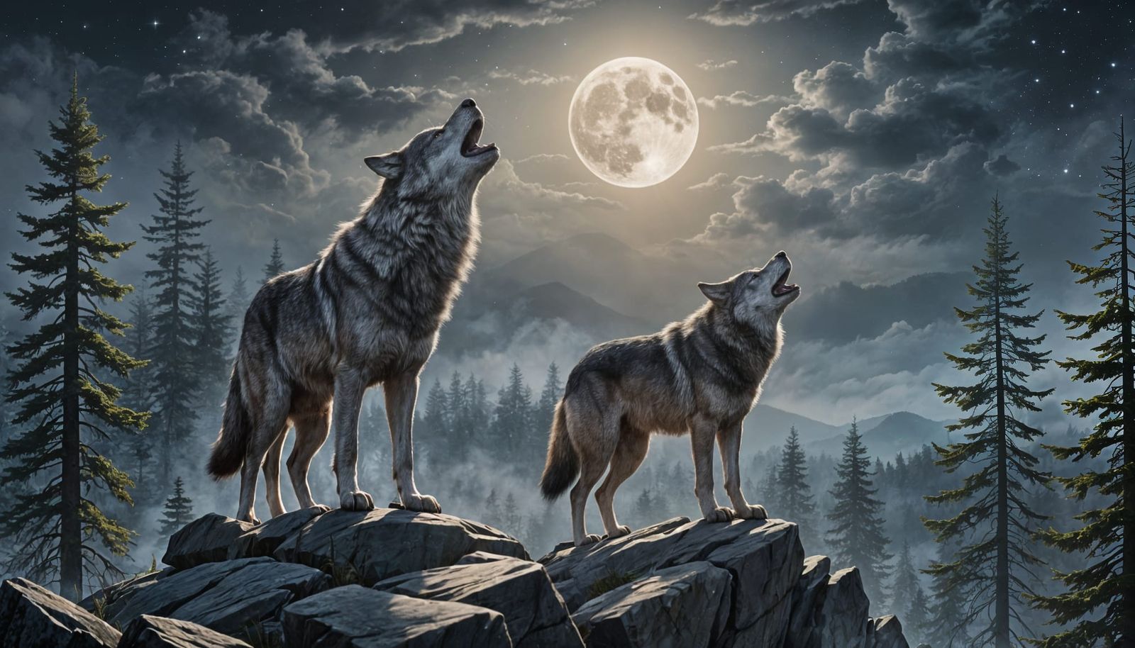 Ethereal Wolf Howling at Moonlit Sky