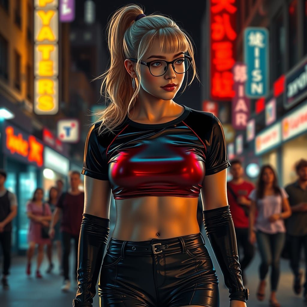 Woman in Latex Outfit Walking in Cyberpunk City