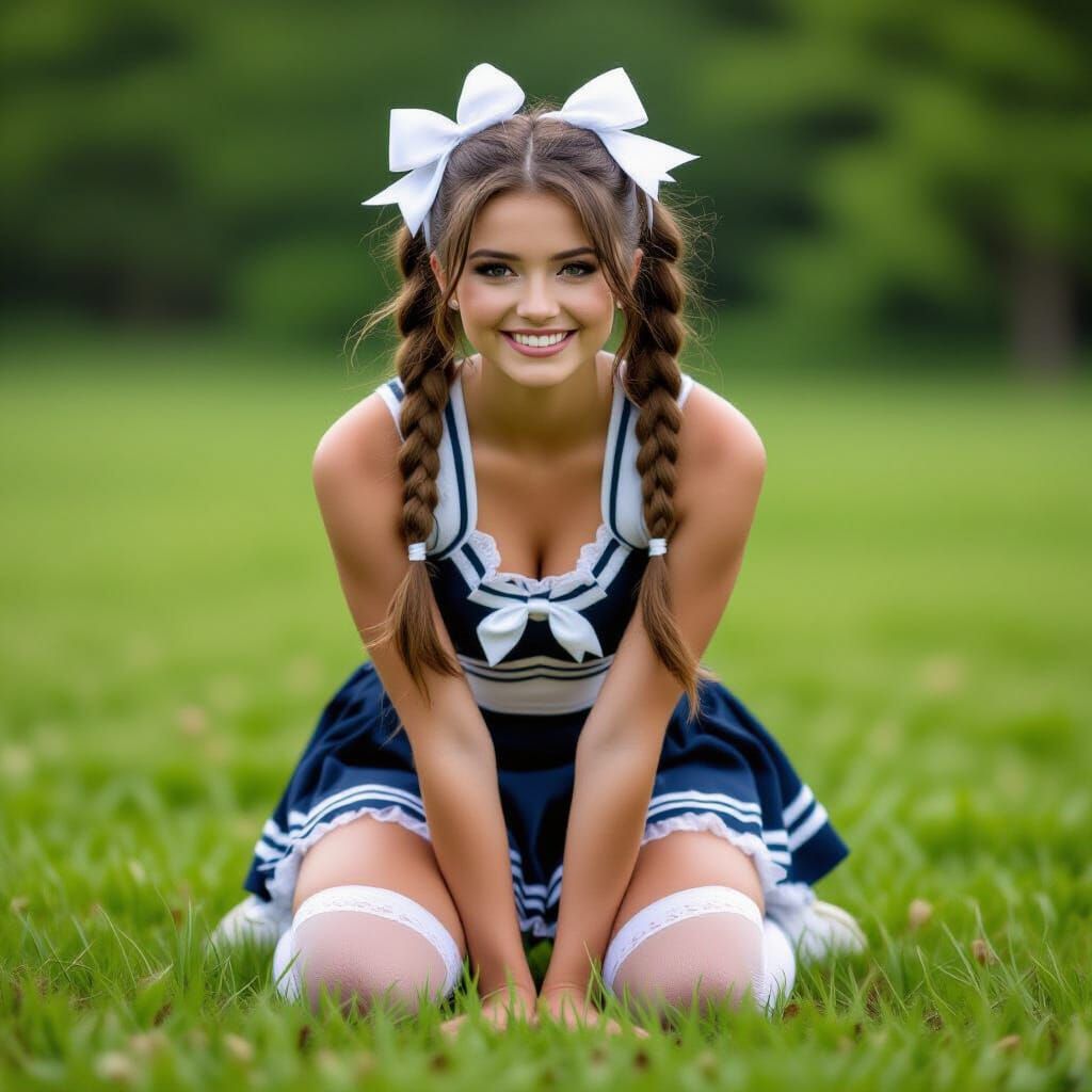 Cheerleader Poses in Grass with Bows and Lace Stockings