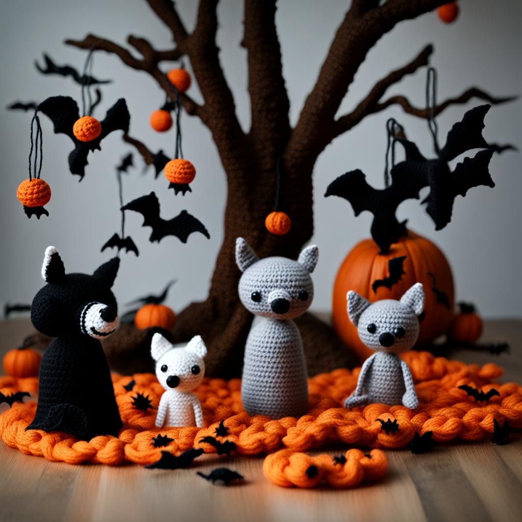 Crocheted Spooky Forest with Bats and Wolves