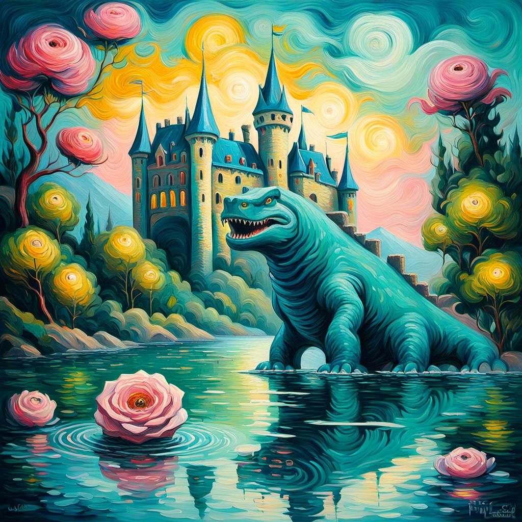 Magical Castle Behind Aqua Monster: Neo-Impressionist Oil Pa...