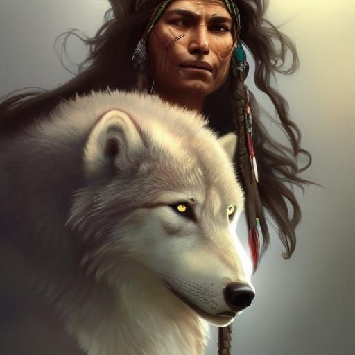 Cherokee Warrior and Wolf Portrait in Artgerm Style