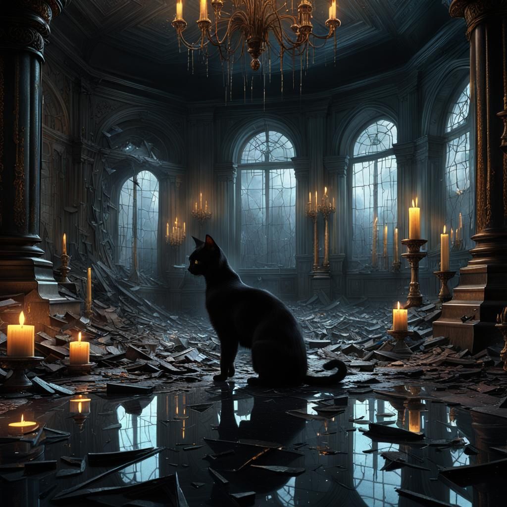 Eerie Black Cat in Shattered Mirror Scene
