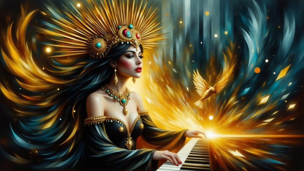 Surreal Goddess Plays Magical Piano in Enchanted Forest