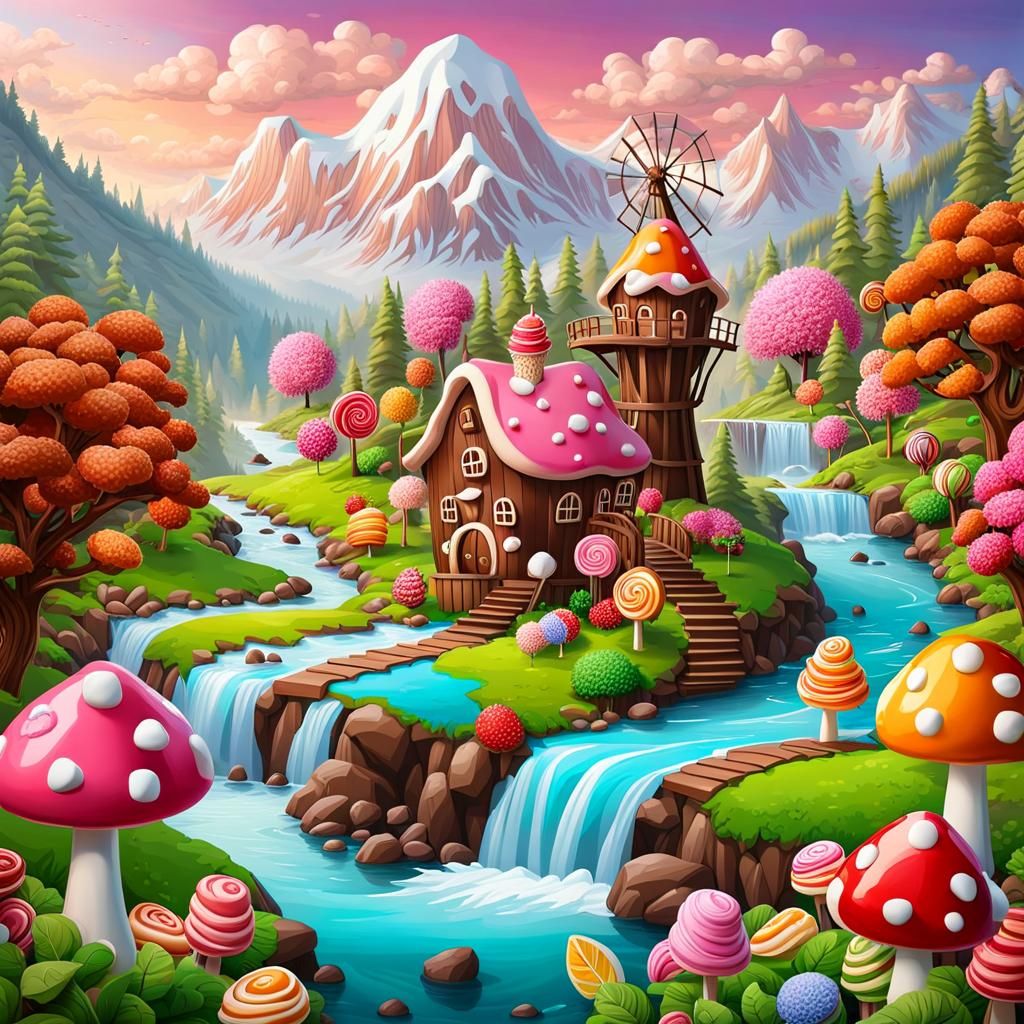 Sweet Candy World Landscape with Chocolate River