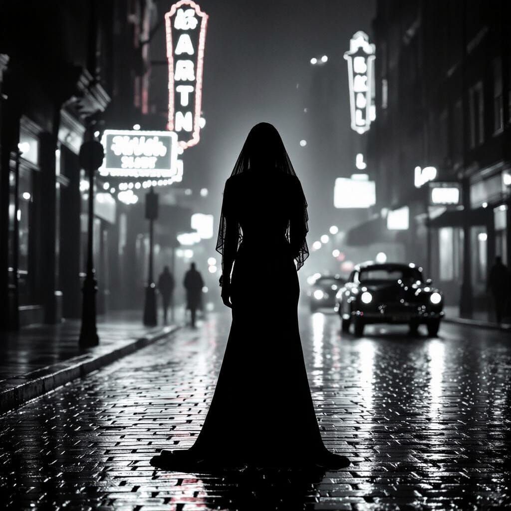 Veiled Woman on Neon-Lit Street at Night