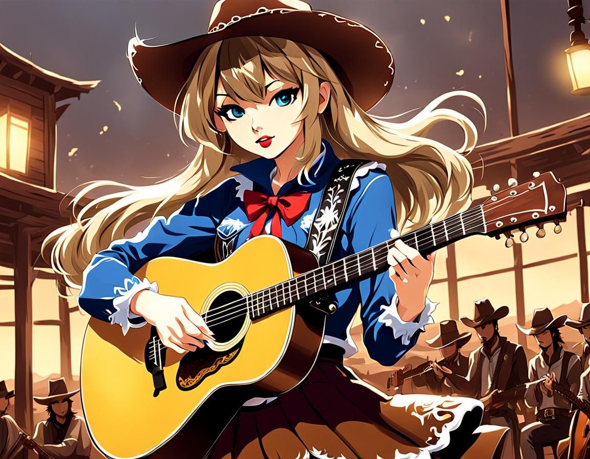 Anime Cowgirl Plays Guitar in Western Style