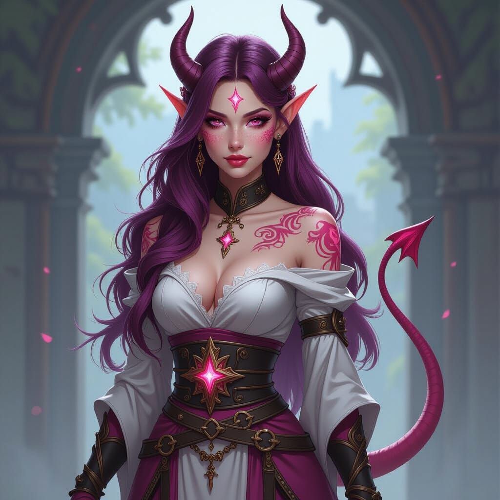 Tiefling Cleric with Arcane Tattoos and Spade Tail