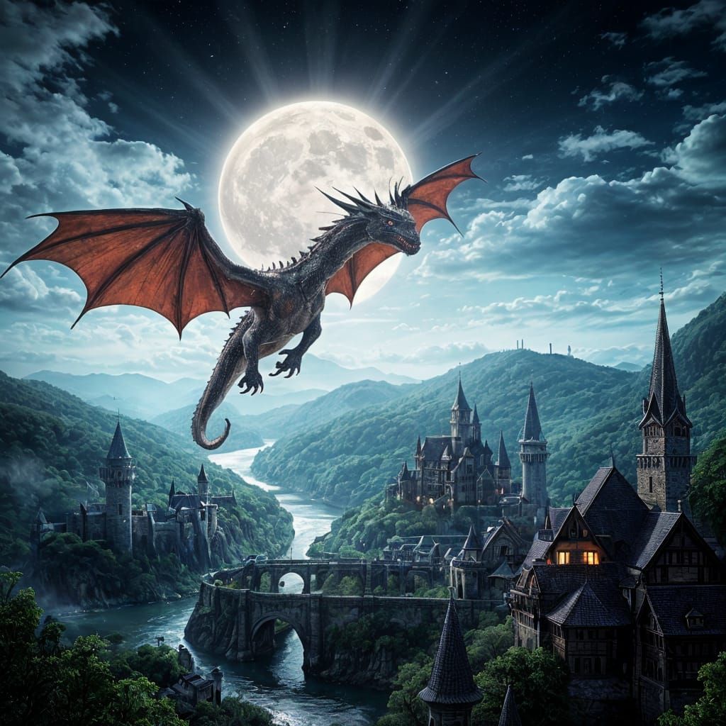 Medieval Dragons Soar Above a Bustling Cityscape