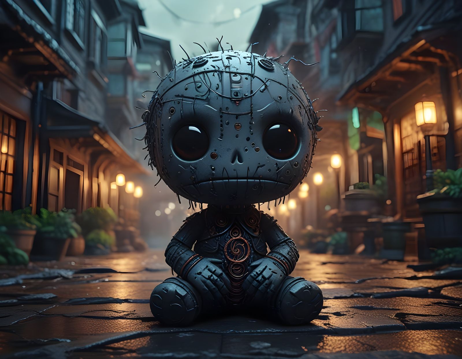 Cute Dark Voodoo Doll in Ethereal Cinematic Atmosphere