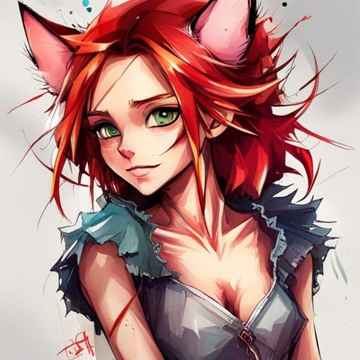 Cute Red-Haired Cat Girl Portrait in Disney Style
