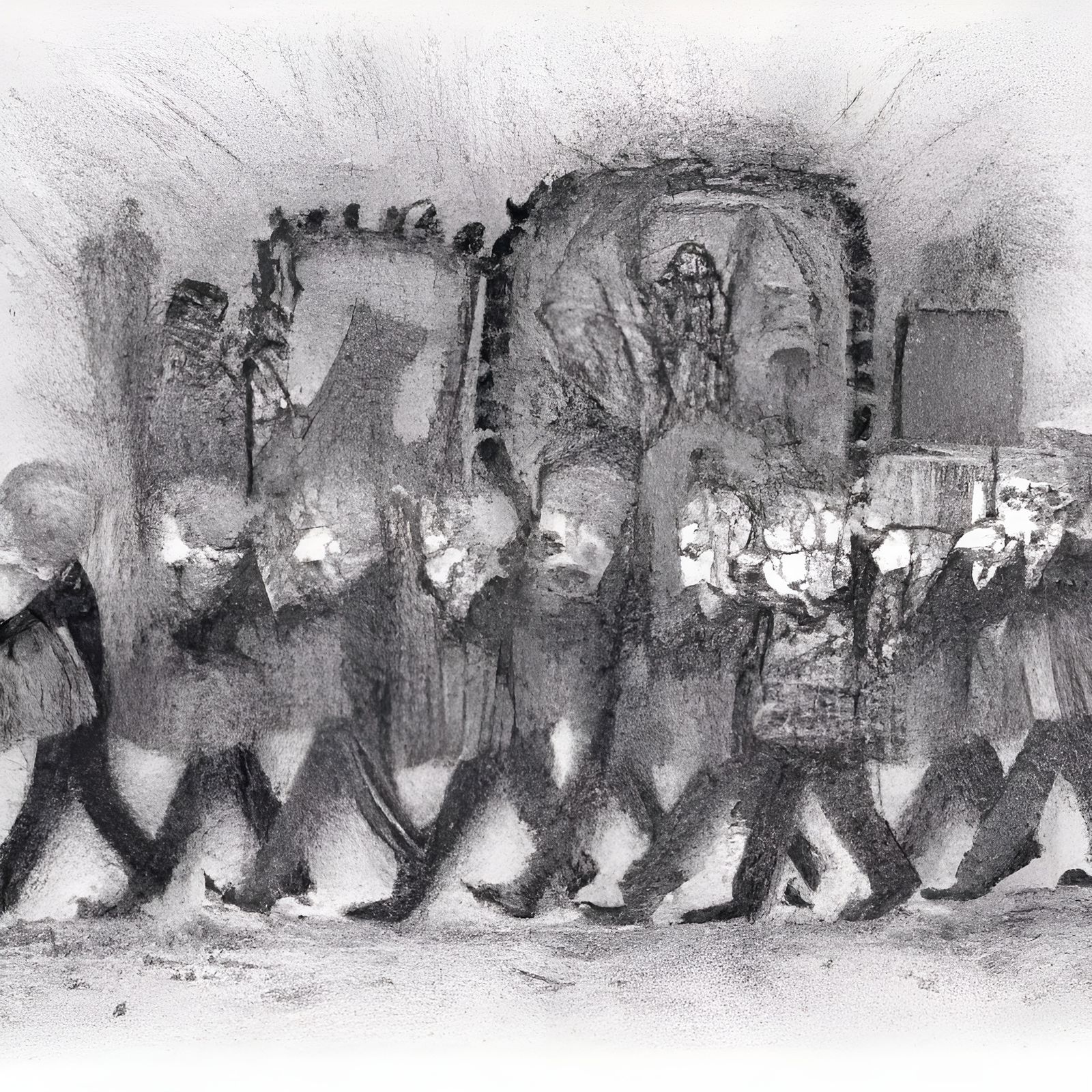 Detailed Pencil Drawing of Marionettes Funeral