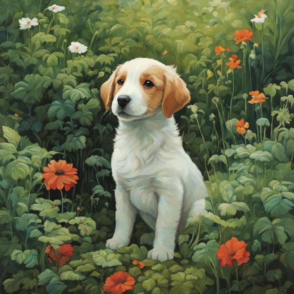 Puppy in Lush Garden: Surreal Watercolor Art