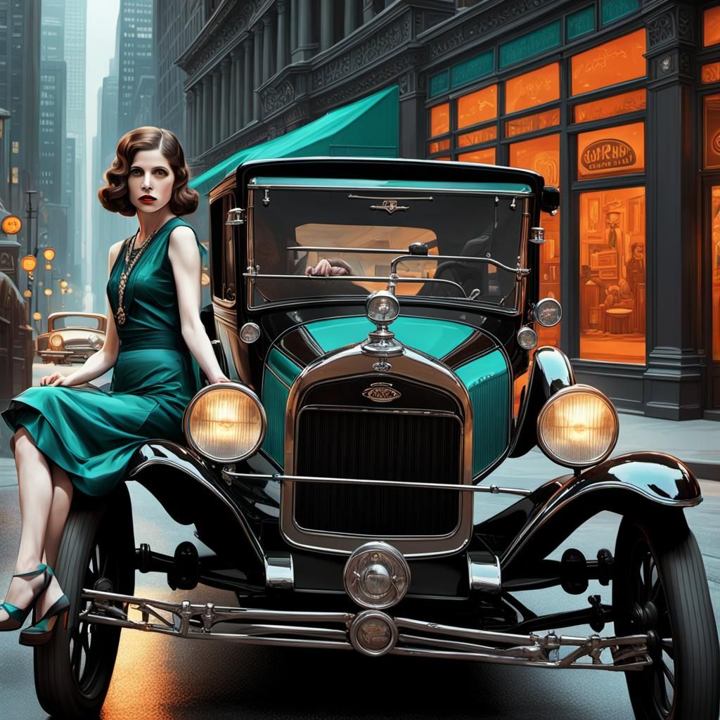 Anna Kendrick with Model T Ford in Art Deco Style