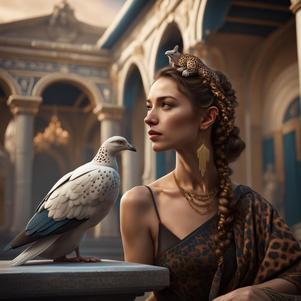 Greek Profile with Dove and Leopard, Matte Painting
