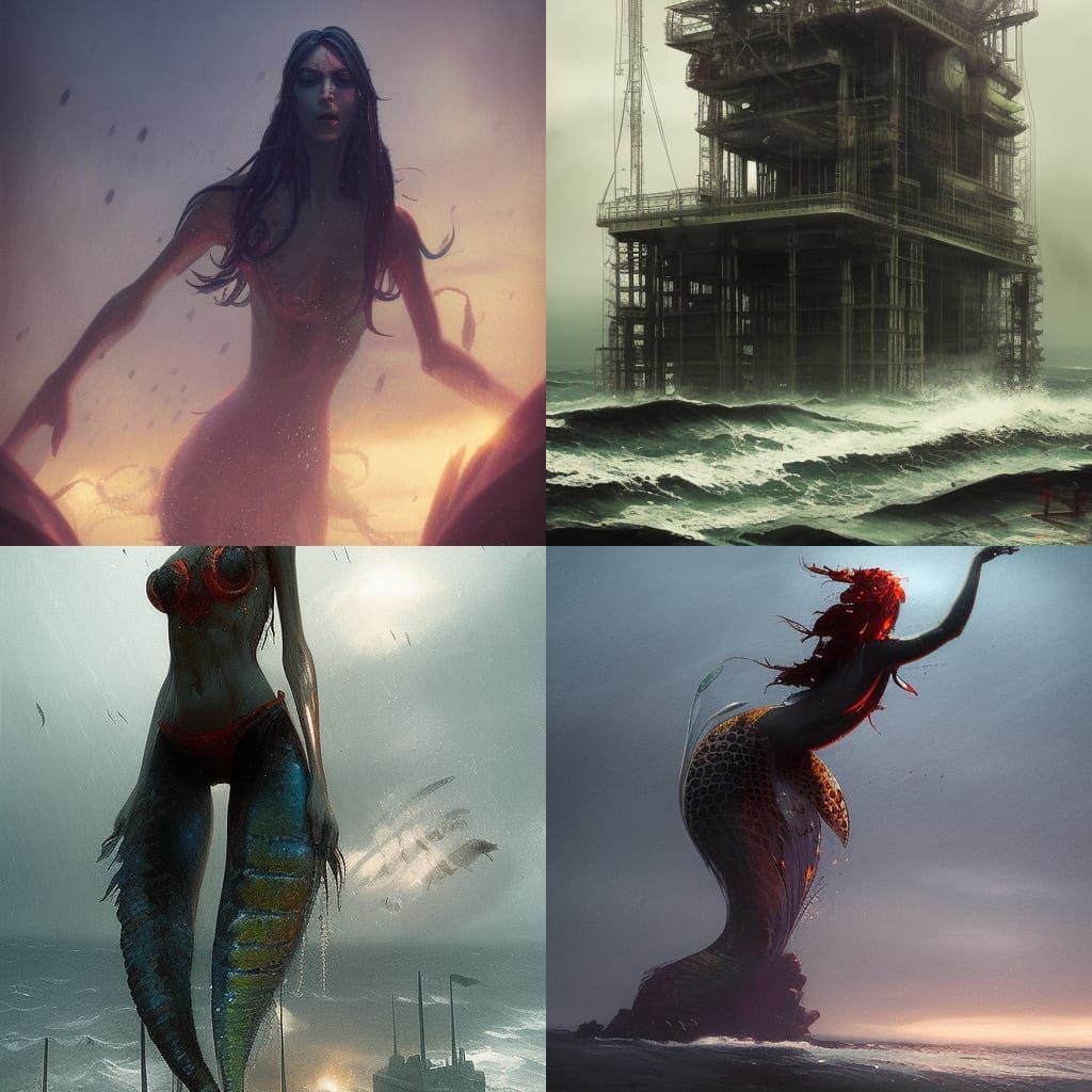 Sinister Mermaid on Oil Rig Fantasy Art