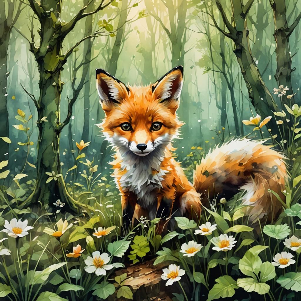 Cute Baby Fox in Spring Forest, Watercolor Art