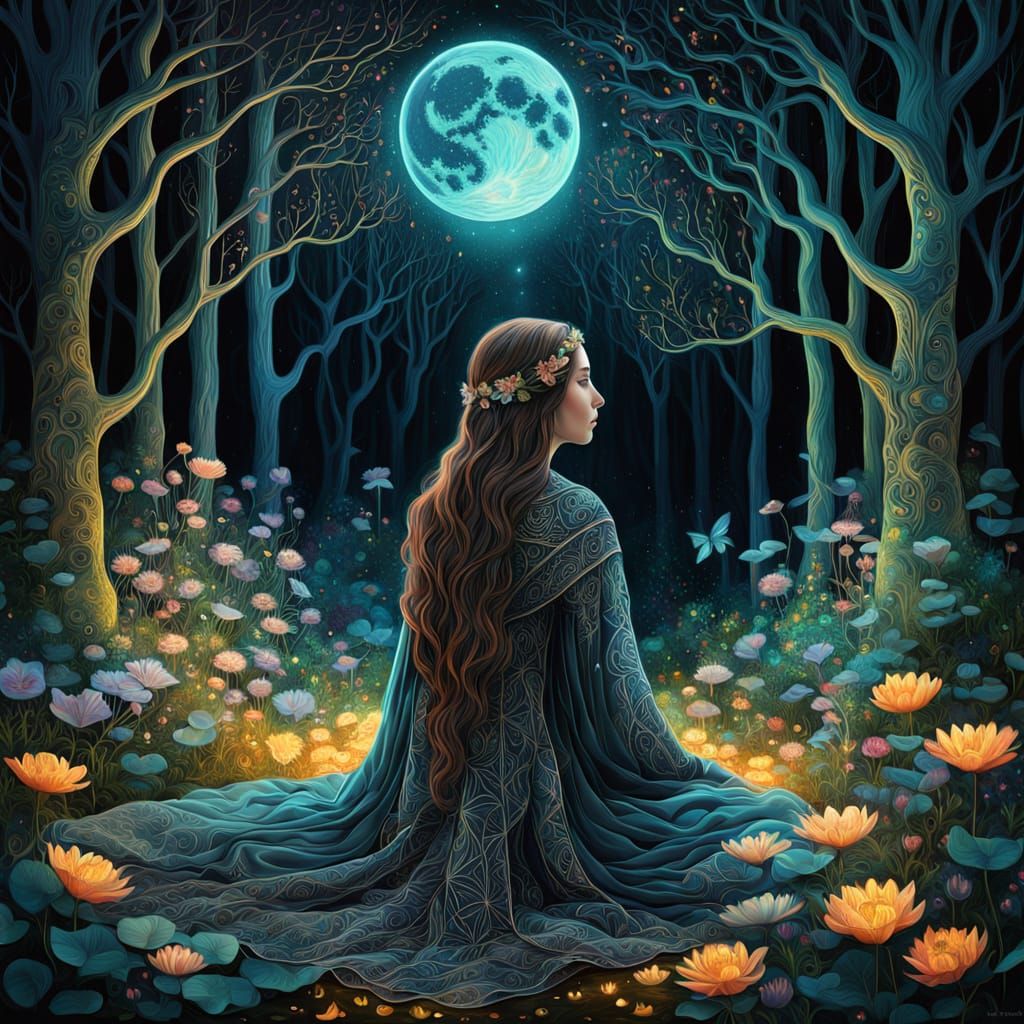 Ethereal Goddess of Whispers in Moonlit Bloom