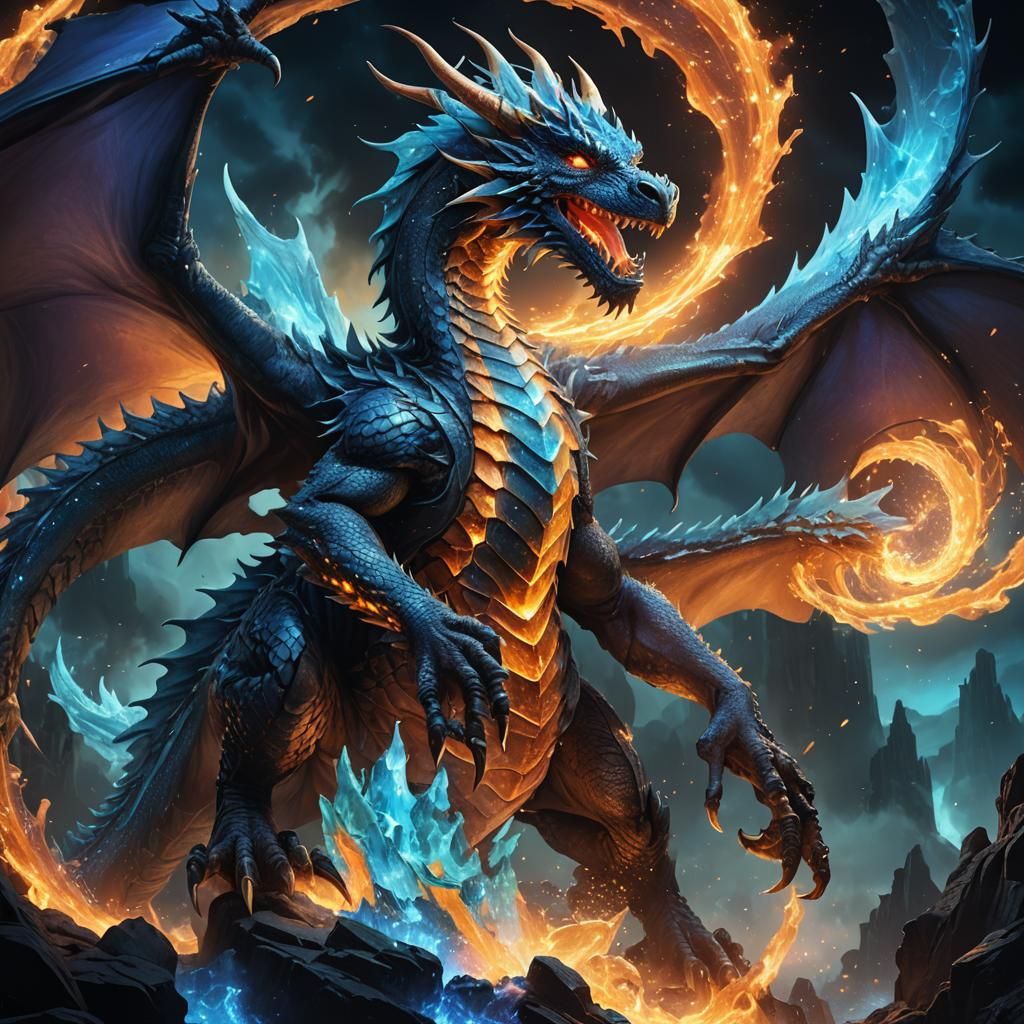 Crystal Dragon in Blue Fire, Digital Matte Painting