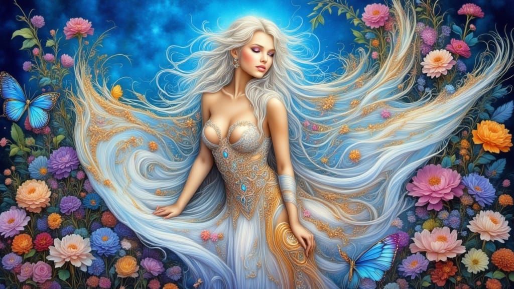 Angelic Woman Dancing in Velvet Blue, Bold Brushstrokes