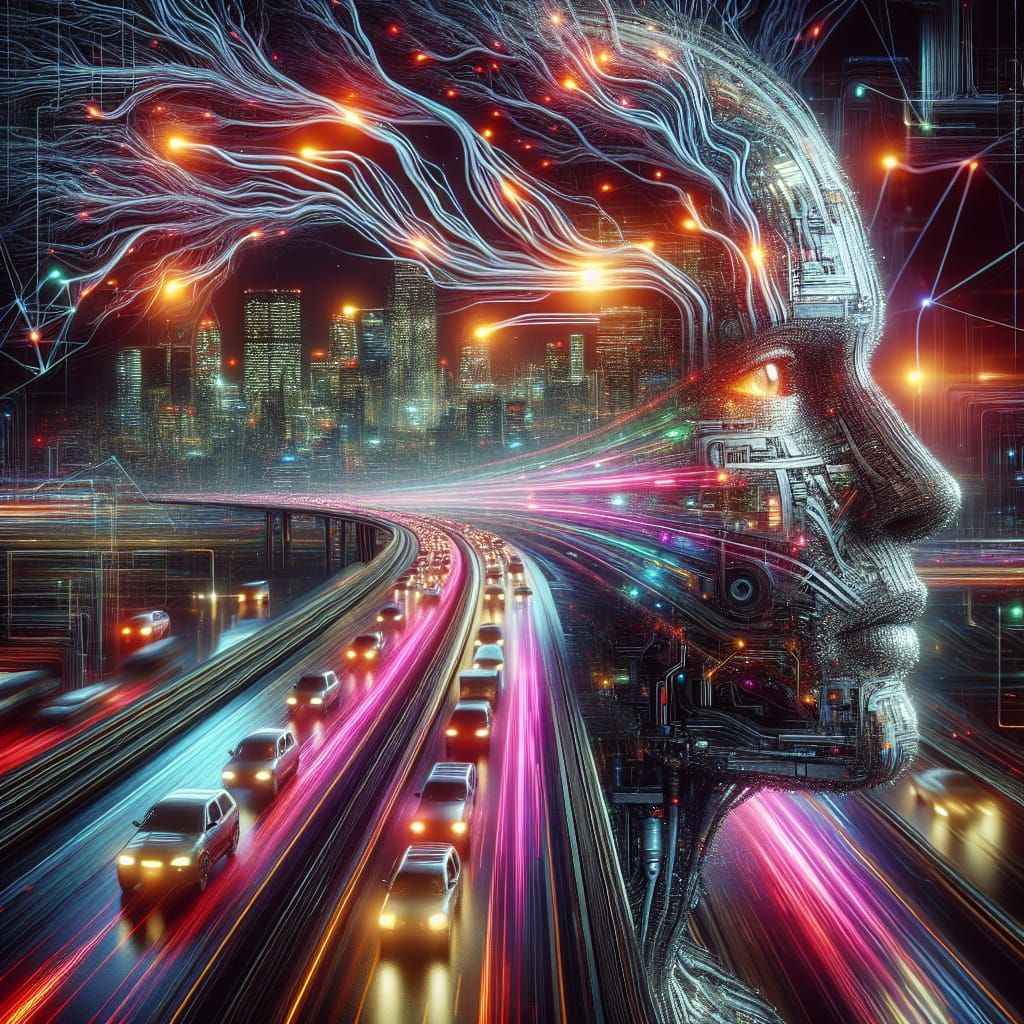 Cyberpunk Cyborg Head with Synapses and Neon Lights